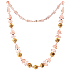 Vintage necklace Czech rosaline pink hand faceted geometric Art Deco glass beads gold metal ball beads