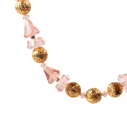 Vintage necklace Czech rosaline pink hand faceted geometric Art Deco glass beads gold metal ball beads