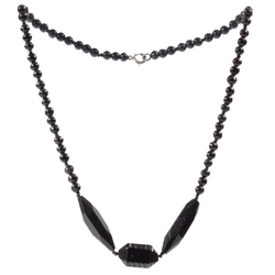 Antique Victorian mourning necklace Czech black bicone hand faceted glass beads