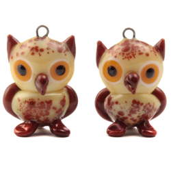 Pair of Czech brown owl lampwork glass pendant earring beads