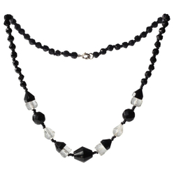 Vintage Art Deco necklace Czech black crystal clear hand faceted English cut seed glass beads