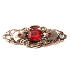 Vintage Art Deco Czech red glass rhinestone floral filigree silver pin brooch