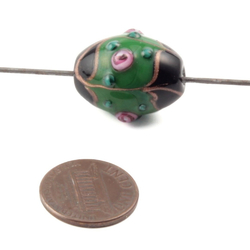 Lampwork glass bead 21mm Czech pink satin overlay aventurine gold black and green bicolor