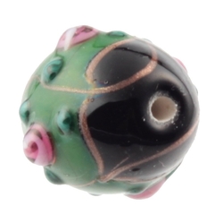 Lampwork glass bead 21mm Czech pink satin overlay aventurine gold black and green bicolor
