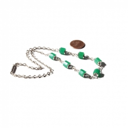Vintage Art Deco German Bauhaus chrome chain necklace galalith chrysoprase green rondelle beads