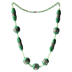 Vintage Art Deco necklace Czech silver lustre green carved flower glass beads