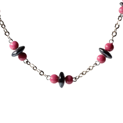 Vintage Art Deco chrome chain necklace Czech hematite rondelle pink marble round glass beads