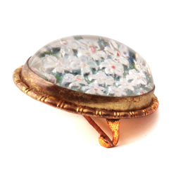 Antique Czech intaglio hand tinsel painted floral paperweight glass pin brooch
