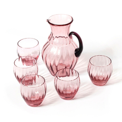 Vintage Czech cranberry pink and amethyst water pitcher jug and glass set