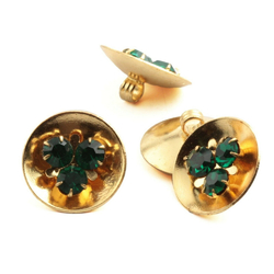 Lot (4) Czech Emerald green glass rhinestone gold tone metal buttons 18mm