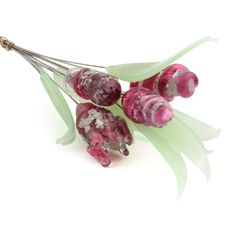 Lot (12) Czech lampwork glass uranium leaf and pink bicolor flower headpin stems beads