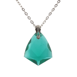 Vintage Czech silver chain necklace green shield faceted pendant bead