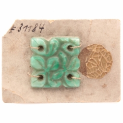Antique Czech 24mm Peking jade green satin square floral sew on glass cabochon