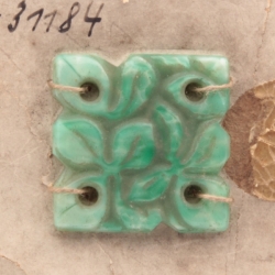 Antique Czech 24mm Peking jade green satin square floral sew on glass cabochon