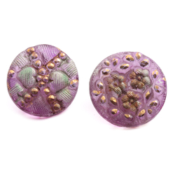 Lot (2) Antique 1800's Czech gold gilt floral geometric transparent purple glass buttons