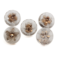 Lot (5) Antique 1800's Czech gold gilt flower and Cavalier clear dimi glass buttons 11mm