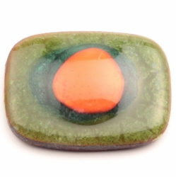 21x16mm Czech antique lampwork orange eye green glass over metal rectangle cabochon mosaic tile