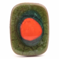 21x16mm Czech antique lampwork orange eye green glass over metal rectangle cabochon mosaic tile