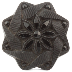 Antique Victorian imitation rhinestone lacy style octagon flower Czech black glass button 23mm