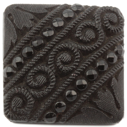 Antique Victorian Czech black glass button imitation rhinestone lacy floral square 17mm