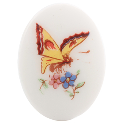 Vintage wild flowers and butterfly oval white cabochon 40x30mm Limoges style 