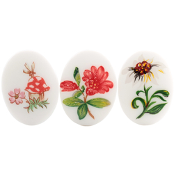 Lot (3) Vintage Limoges style oval white flower and mushroom cabochons 40x30mm