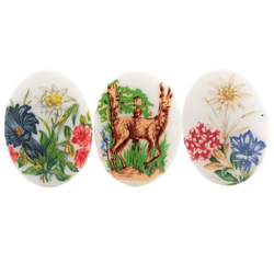 Lot (3) Vintage Limoges style Edelweiss flower and deer wildlife oval white cabochons 40x30mm