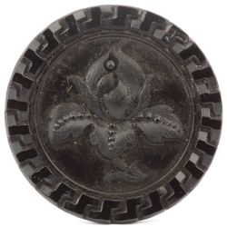 Antique Victorian lacy style flower Greek key Czech black glass button 27mm
