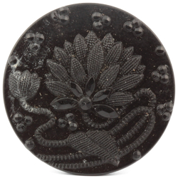 Antique Victorian Czech black glass button imitation rhinestone lacy style flowers 23mm