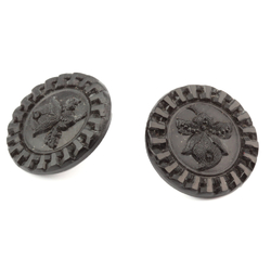 Lot (2) Antique Victorian Czech Greek key lacy floral black glass buttons 14mm