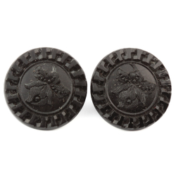 Lot (2) Antique Victorian Czech Greek key lacy floral black glass buttons 14mm