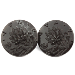 Lot (2) Antique Victorian Czech imitation rhinestone lacy floral black glass buttons 14mm