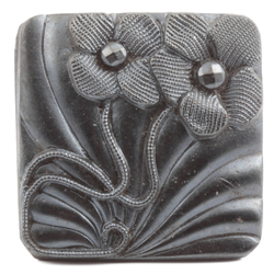 Antique 1800's Czech pewter lustre black lacy floral square glass button 18mm