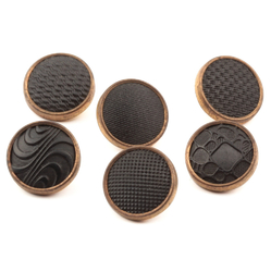 Lot (6) antique Czech 2 part brass mounted geometric black glass cabochon buttons