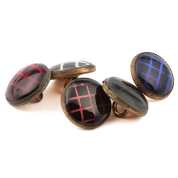 Lot (5) antique Czech 2 part brass mounted reverse foiled checks glass cabochon buttons