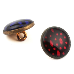 Lot (2) antique Czech 2 part brass mounted reverse mirror blue red glass cabochon buttons