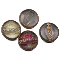 Lot (4) antique Czech 2 part metal mounted floral faceted iridescent glass cabochon buttons