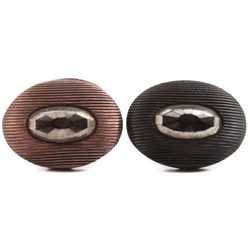 Lot (2) Antique Czech metallic lustre fine ribbed oval black glass buttons 23mm