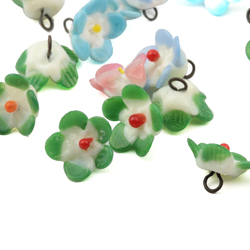 Lot (20) Czech antique micro lampwork glass flower button pendant beads drops