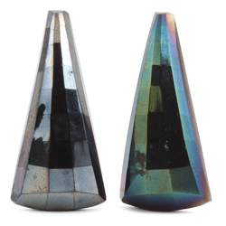 Lot (2) Antique Czech peacock lustre triangle faceted black glass buttons 30mm