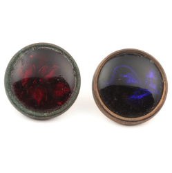 Lot (2) antique Czech 2 part metal mounted reverse foiled red cobalt glass cabochon buttons