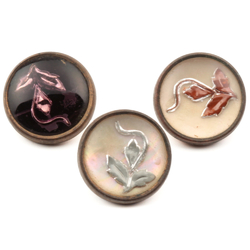 Lot (3) antique Czech 2 part brass mounted intaglio foil ivy leaf glass cabochon buttons