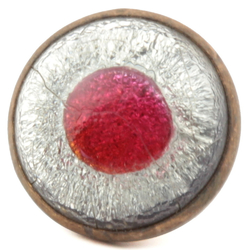 Antique Czech 2 part brass mounted red eye silver foil peacock glass cabochon button