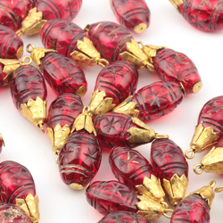 Lot (33) Czech vintage Art Deco gold gilt metal mounted ruby red pendant glass beads
