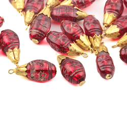 Lot (33) Czech vintage Art Deco gold gilt metal mounted ruby red pendant glass beads