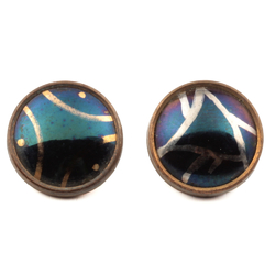 Lot (2) antique Czech 2 part metal mounted geometric lustre cobalt glass cabochon buttons