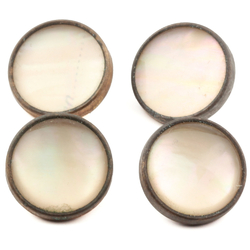 Lot (4) antique Czech 2 part metal mounted mother of pearl iridescent glass cabochon buttons