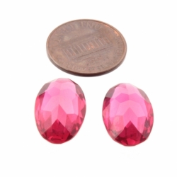 Lot (2) 20x11mm large Czech vintage oval hand faceted cranberry pink glass rhinestones