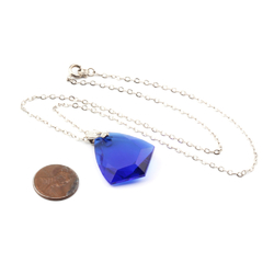 Vintage Czech silver chain necklace sapphire blue shield glass pendant