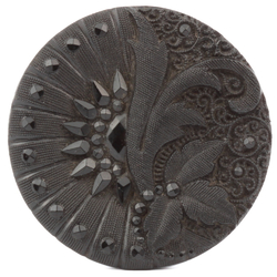 Antique Victorian Czech lacy floral sunburst black glass button 32mm